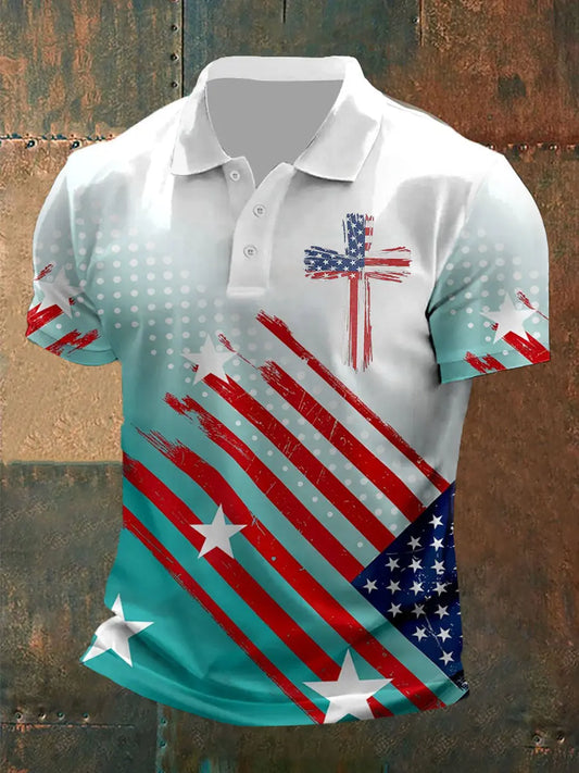 Men's Cross Faith American Flag Print Polo Shirt - gracestitchs