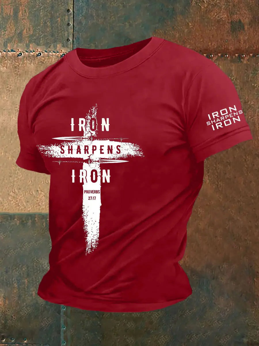 Men's Iron Sharpens Iro Faith Cross Printed Casual Short Sleeves T-shirt prairieply