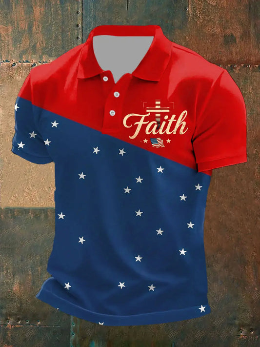 Men's Cross Faith American Flag Print Polo Shirt - gracestitchs