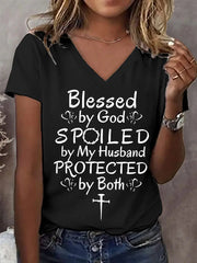 Women's Blessed By God Spoiled By My Husband Protected By Both Casual V-Neck Tee - gracestitchs