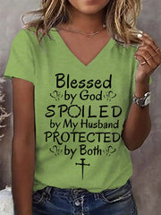 Women's Blessed By God Spoiled By My Husband Protected By Both Casual V-Neck Tee - gracestitchs