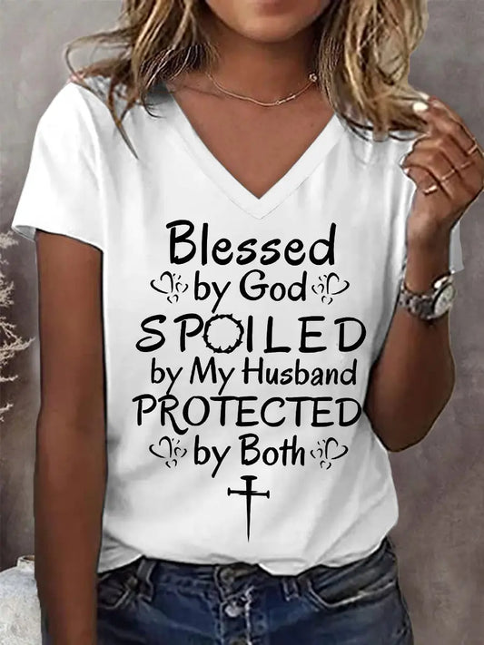 Women's Blessed By God Spoiled By My Husband Protected By Both Casual V-Neck Tee - gracestitchs