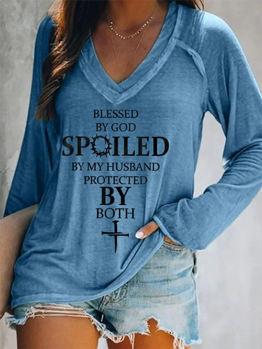 Women's Blessed By God Spoiled By My Husband Protected By Both Casual Long-Sleeve V-Neck Tee - gracestitchs