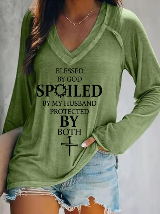 Women's Blessed By God Spoiled By My Husband Protected By Both Casual Long-Sleeve V-Neck Tee - gracestitchs