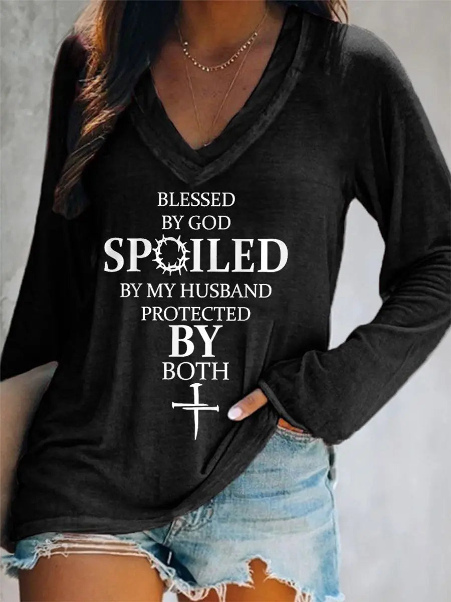 Women's Blessed By God Spoiled By My Husband Protected By Both Casual Long-Sleeve V-Neck Tee - gracestitchs