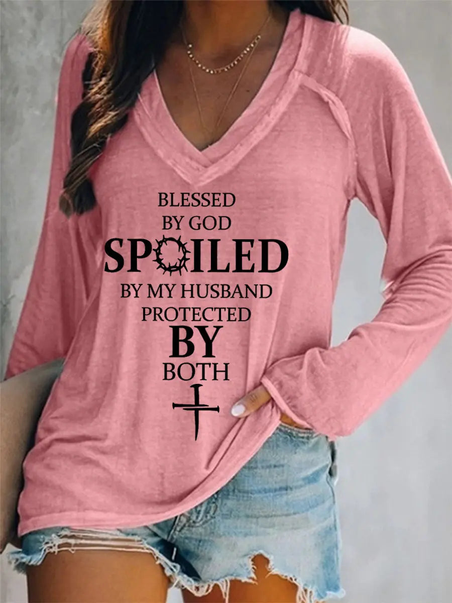 Women's Blessed By God Spoiled By My Husband Protected By Both Casual Long-Sleeve V-Neck Tee - gracestitchs