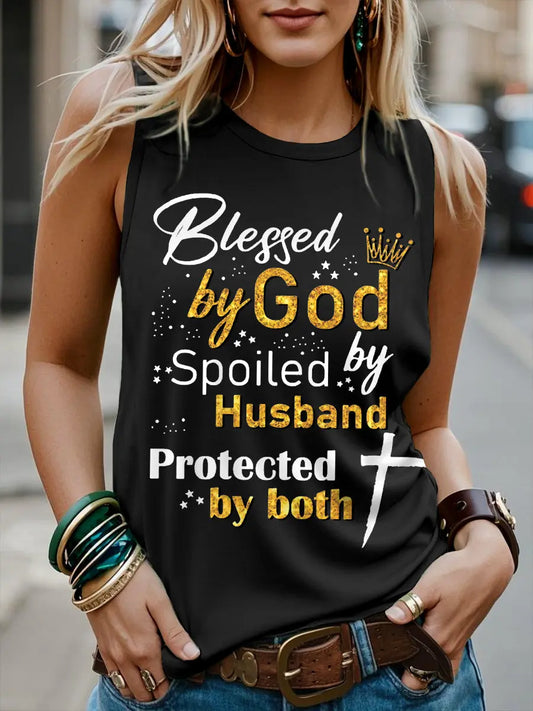Women's Blessed By God Spoiled By My Husband Protected By Both Casual Tank Top - gracestitchs