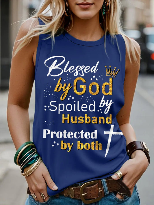 Women's Blessed By God Spoiled By My Husband Protected By Both Casual Tank Top - gracestitchs