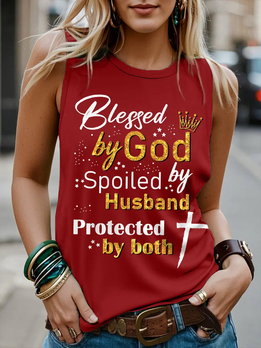 Women's Blessed By God Spoiled By My Husband Protected By Both Casual Tank Top - gracestitchs