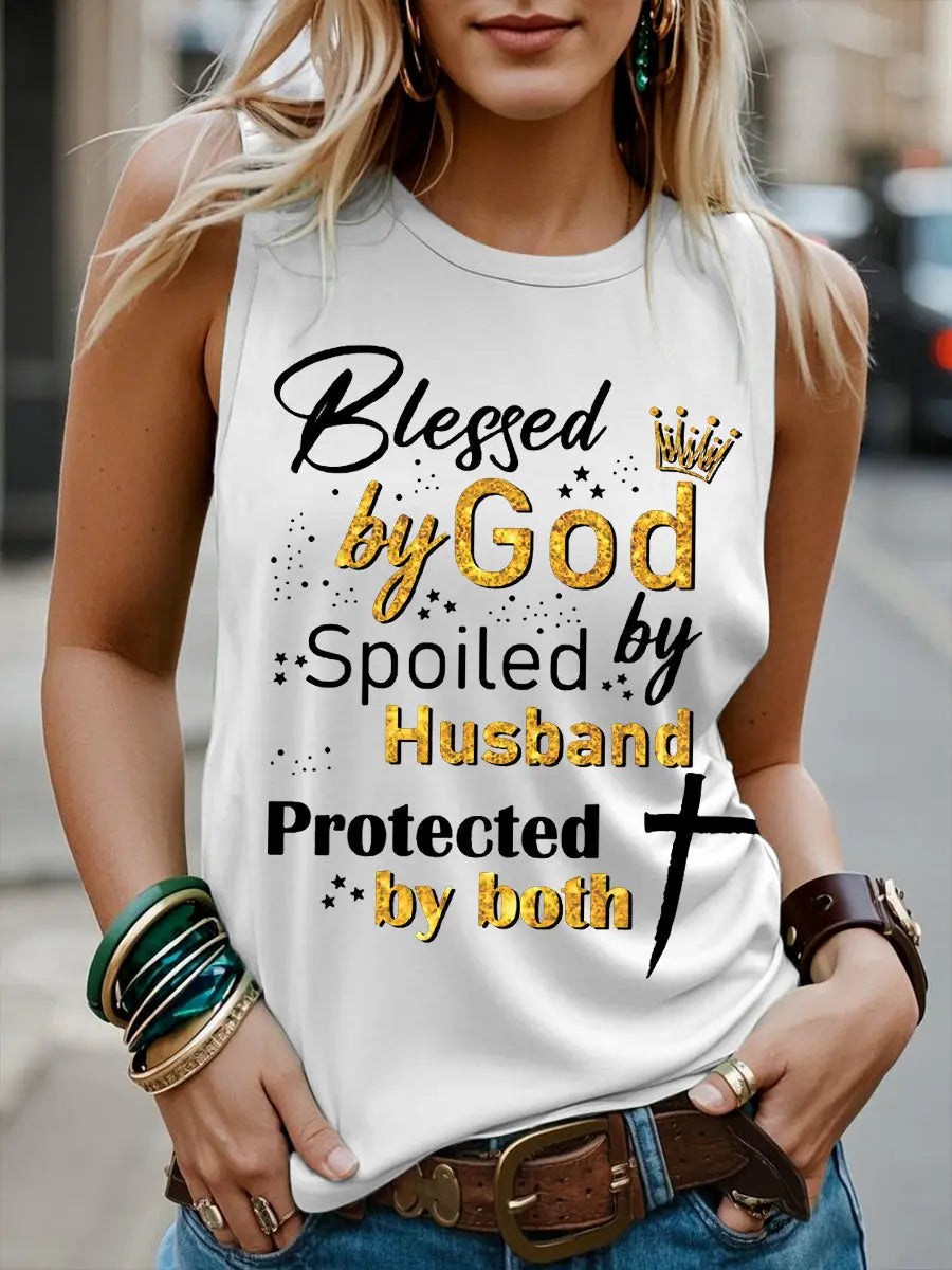 Women's Blessed By God Spoiled By My Husband Protected By Both Casual Tank Top - gracestitchs