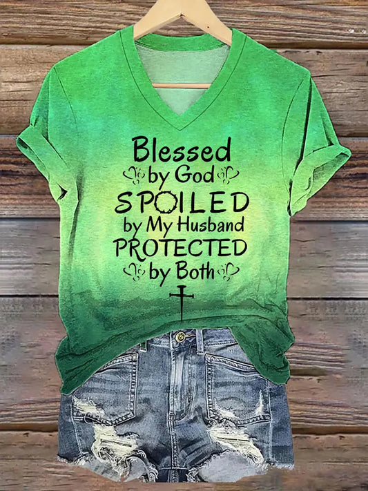 Women's Blessed By God Spoiled By My Husband Protected By Both Gradient Print V-Neck Tee - gracestitchs
