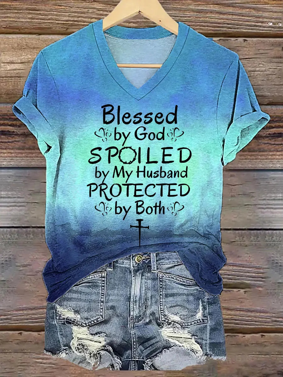Women's Blessed By God Spoiled By My Husband Protected By Both Gradient Print V-Neck Tee - gracestitchs
