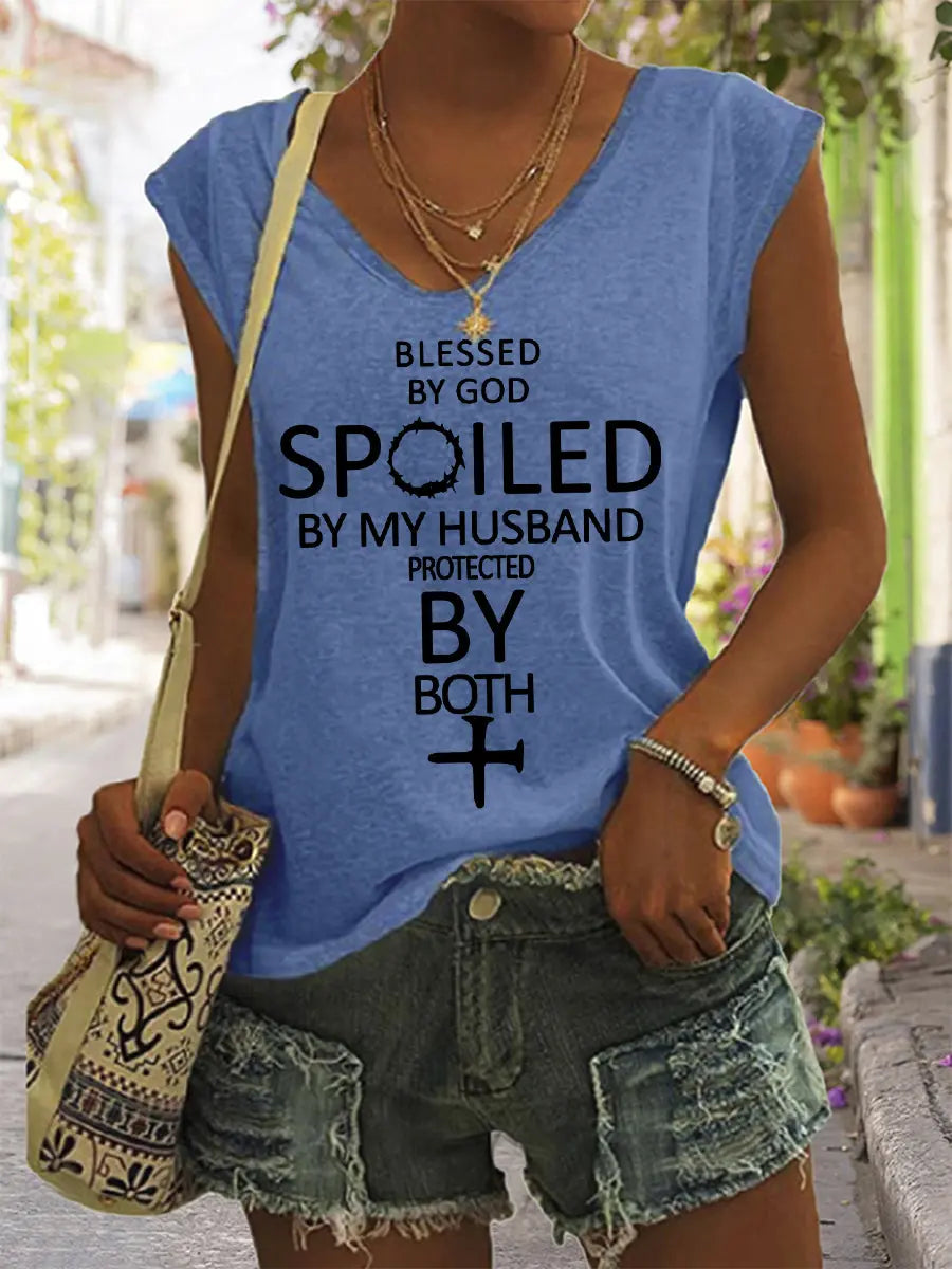 Women's Blessed By God Spoiled By My Husband Protected By Both Casual Sleeveless Tee - gracestitchs