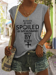 Women's Blessed By God Spoiled By My Husband Protected By Both Casual Sleeveless Tee - gracestitchs