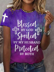 Women's Blessed By God Spoiled By My Husband Protected By Both Gradient Print Casual Tee - gracestitchs