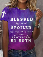 Women's Blessed By God Spoiled By My Husband Protected By Both Gradient Print Casual Tee - gracestitchs