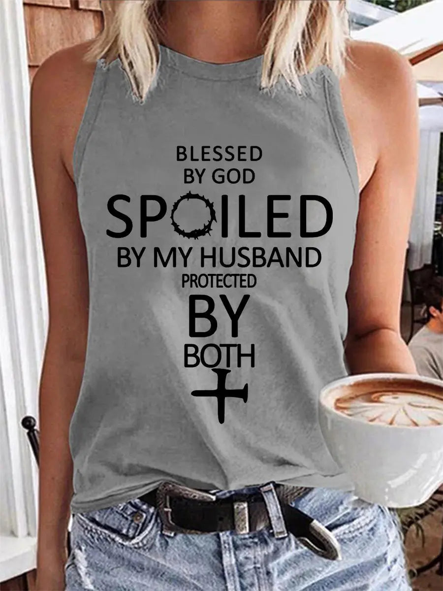 Women's Blessed By God Spoiled By My Husband Protected By Both Casual Vest - gracestitchs