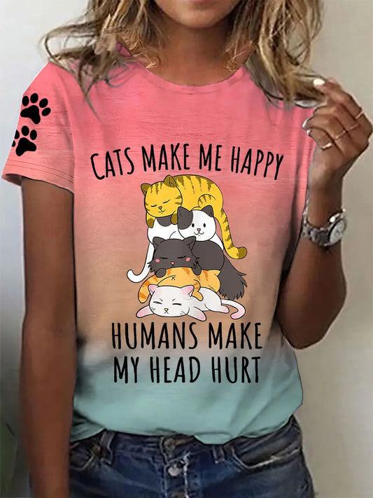 Women's cats make me happy humans make my head hurt T-shirt