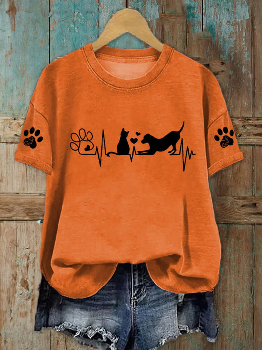 Women's Dog And Cat Heartbeat Print Casual T-Shirt