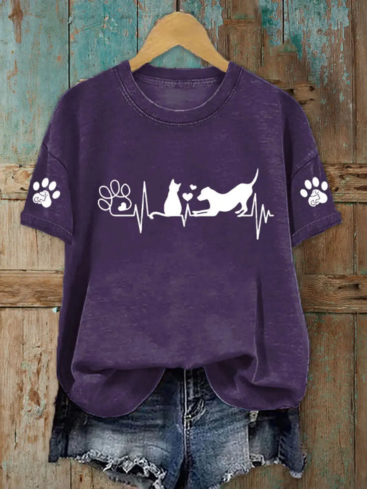 Women's Dog And Cat Heartbeat Print Casual T-Shirt