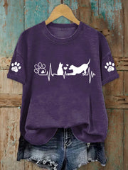 Women's Dog And Cat Heartbeat Print Casual T-Shirt