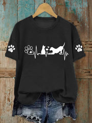 Women's Dog And Cat Heartbeat Print Casual T-Shirt