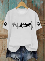 Women's Dog And Cat Heartbeat Print Casual T-Shirt