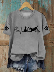 Women's Dog And Cat Heartbeat Print Casual T-Shirt