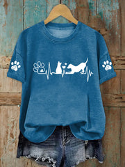 Women's Dog And Cat Heartbeat Print Casual T-Shirt