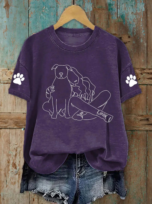 Women's Line Dog Print Casual T-shirt