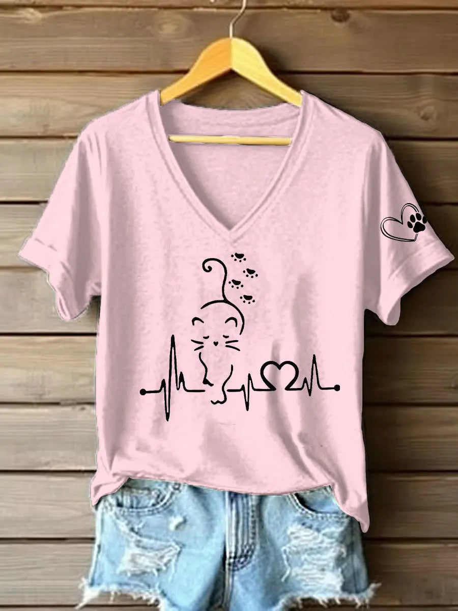 Women's Cat Heartbeat Printed Casual T-Shirt
