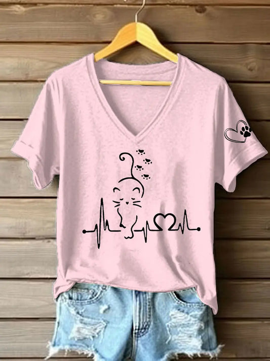 Women's Cat Heartbeat Printed Casual T-Shirt