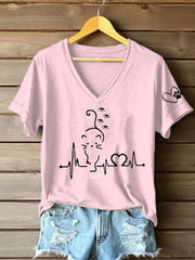 Women's Cat Heartbeat Printed Casual T-Shirt