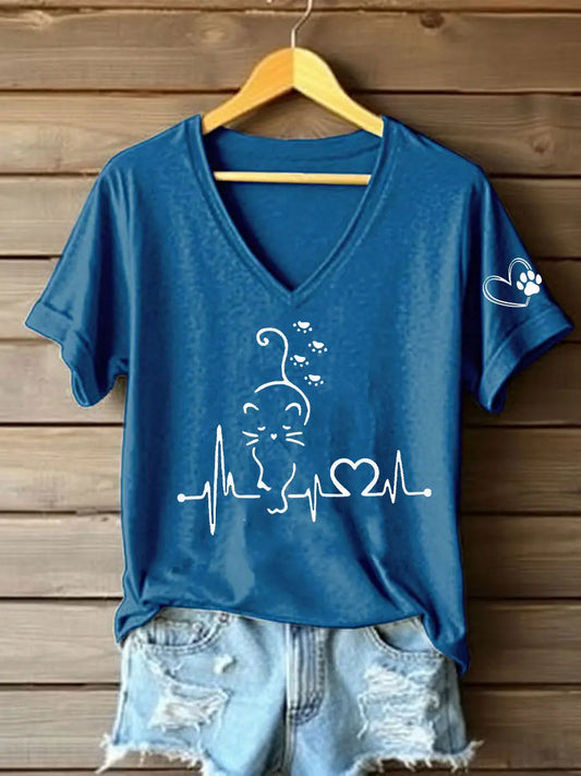 Women's Cat Heartbeat Printed Casual T-Shirt