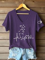 Women's Cat Heartbeat Printed Casual T-Shirt