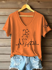 Women's Cat Heartbeat Printed Casual T-Shirt