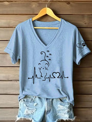 Women's Cat Heartbeat Printed Casual T-Shirt