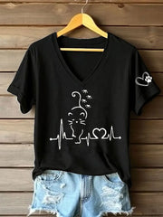 Women's Cat Heartbeat Printed Casual T-Shirt