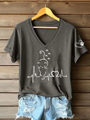 Women's Cat Heartbeat Printed Casual T-Shirt