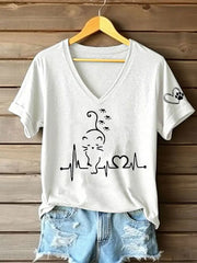 Women's Cat Heartbeat Printed Casual T-Shirt