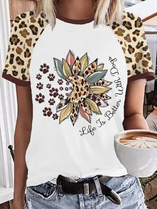 Women's Life is Better With Dogs Sunflower Leopard Footprint T-shirts