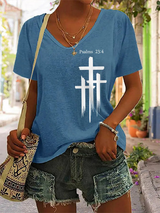 Women's Psalms 23:4 Cross Faith Casual V-Neck Tee