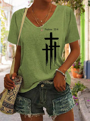 Women's Psalms 23:4 Cross Faith Casual V-Neck Tee