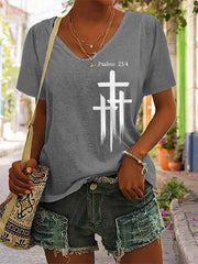 Women's Psalms 23:4 Cross Faith Casual V-Neck Tee
