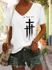 Women's Psalms 23:4 Cross Faith Casual V-Neck Tee