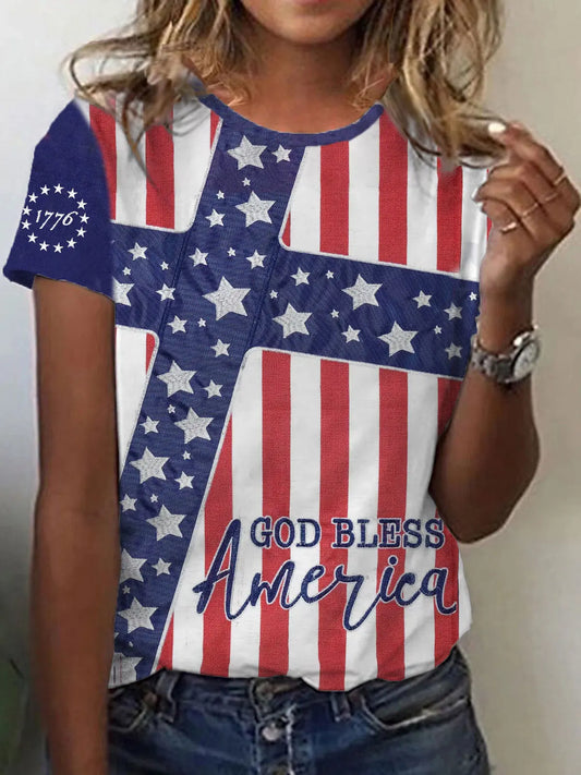 Women's God Bless America 1776 Faith Cross Print O-Neck T-Shirt
