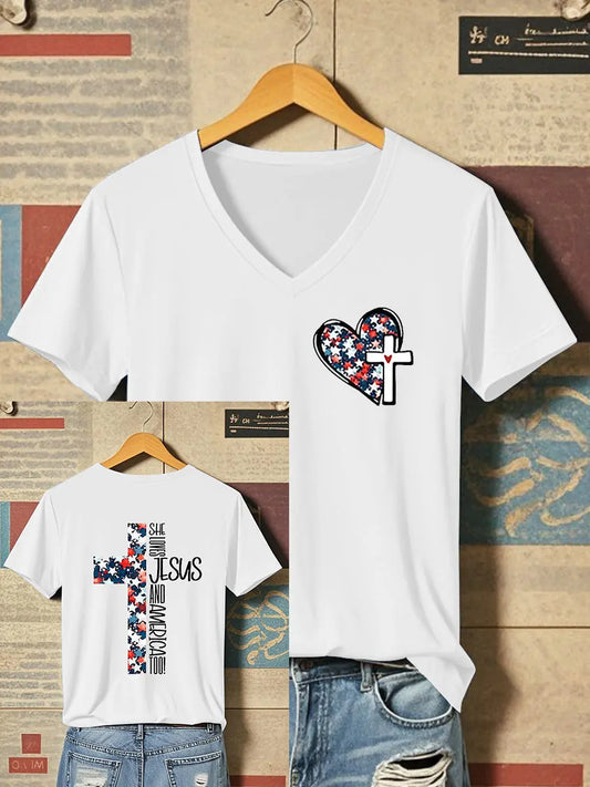 Women's She Loves Jesus And America Too Faith Cross Print O-Neck T-Shirt