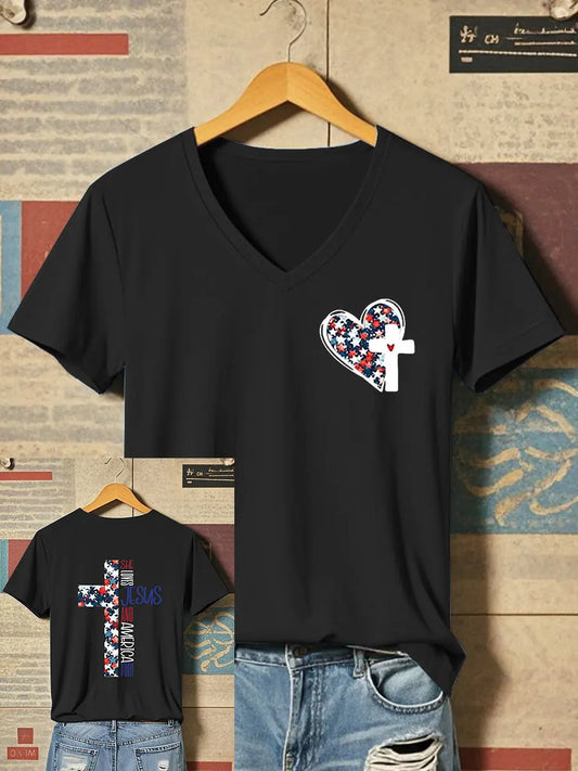 Women's She Loves Jesus And America Too Faith Cross Print O-Neck T-Shirt