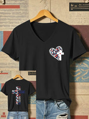 Women's She Loves Jesus And America Too Faith Cross Print O-Neck T-Shirt
