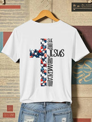 Women's She Loves Jesus And America Too Faith Cross Print O-Neck T-Shirt